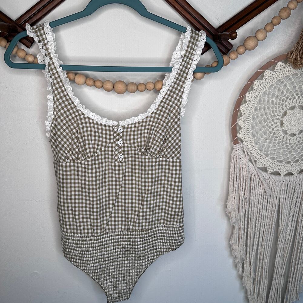 Intimately Free People Cassie Olive Green Gingham Eyelet Trim Bodysuit - Picture 1 of 4